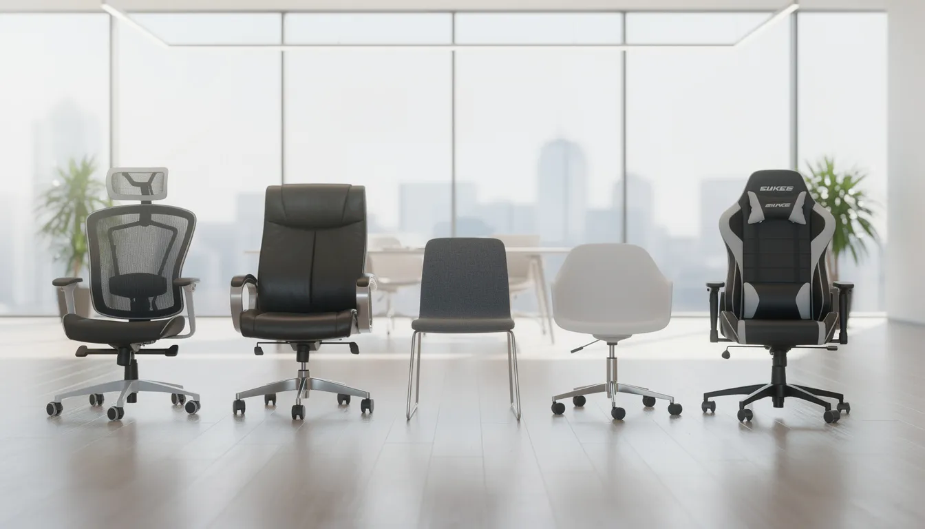 I bilden syns olika typer av ergonomiska kontorsstolar uppradade i en modern kontorsmiljö, vilket ger en bra översikt över de olika designalternativen. Stolarna har funktioner som justerbart svankstöd och armstöd för att öka komforten och minska risken för ryggproblem under långvarigt sittande.
