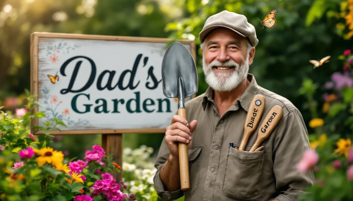 In a cheerful garden setting, a dad holds a personalised garden tool set, smiling as he stands in front of a custom wooden sign that reads 'Dad’s Garden,' surrounded by vibrant plants and flowers. This scene captures the essence of thoughtful personalised father's day gifts, celebrating the joy of gardening and family.