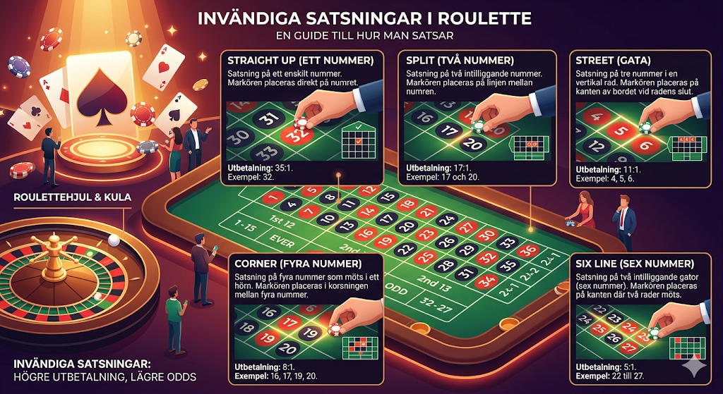 Invändiga satsningar i roulette – straight up, split, street, corner och six line med olika odds och utbetalning på roulettebord
