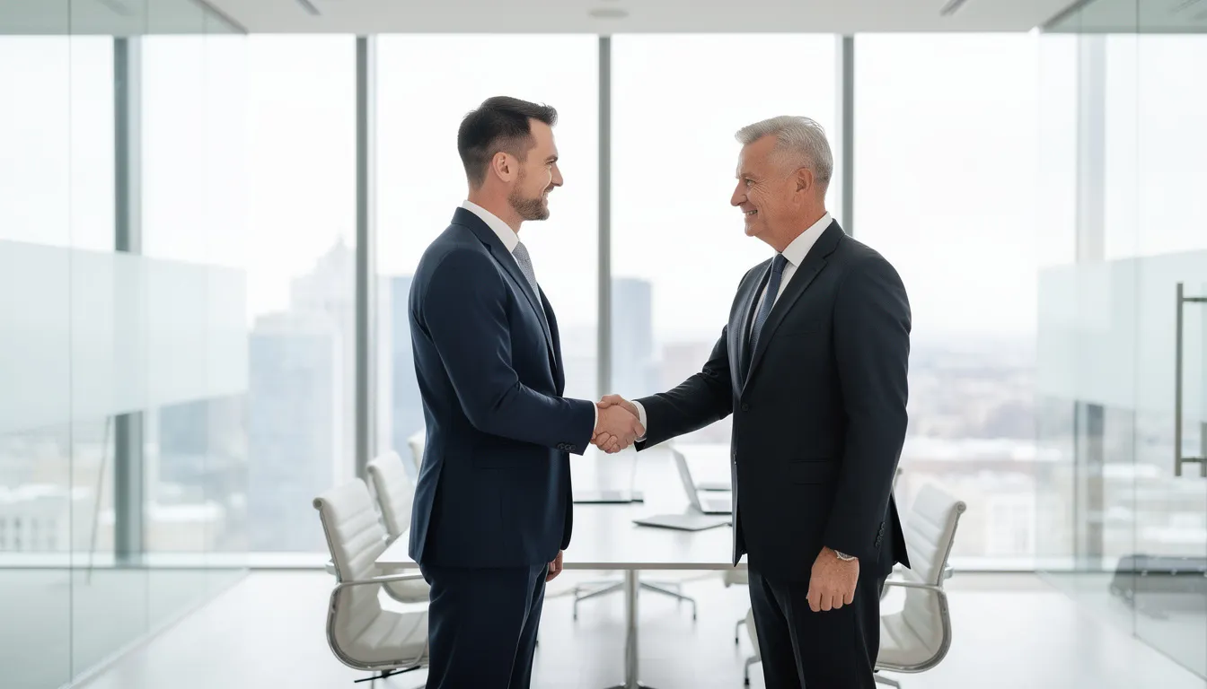 Opinie o dostawcach usług informatycznych dla biznesu – jak czytać rankingi i wybrać partnera IT w 2025 roku? 4 Na zdjęciu dwóch biznesmenów uścisnął sobie ręce w nowoczesnym biurze, co symbolizuje nawiązywanie współpracy w branży IT. Ich spotkanie może dotyczyć outsourcingu IT i rozwiązań, które mają kluczowe znaczenie dla rozwoju firmy oraz bezpieczeństwa informacji.