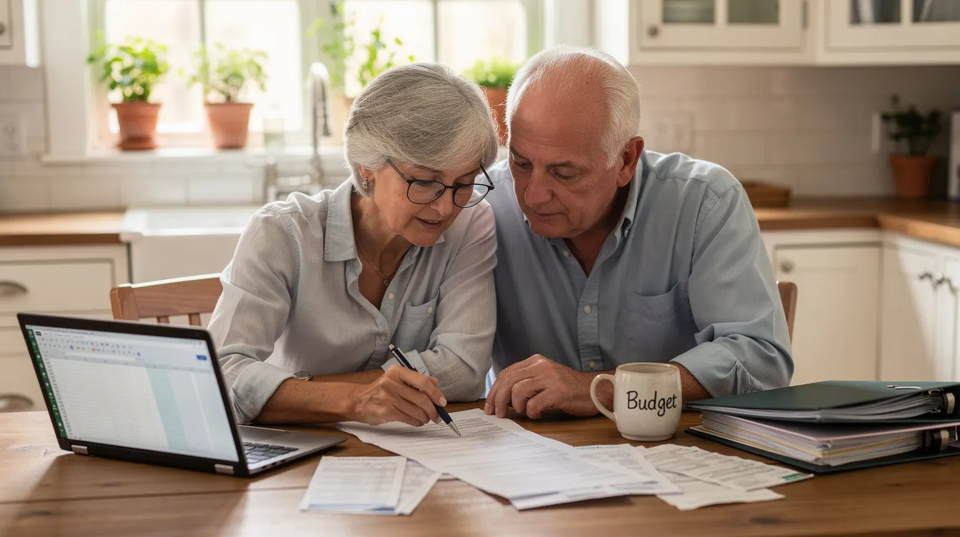 An older couple sits together at a kitchen table, reviewing financial documents related to their existing life insurance policy. They appear focused as they discuss options for a life settlement, considering factors like cash value and potential lump sum payments.