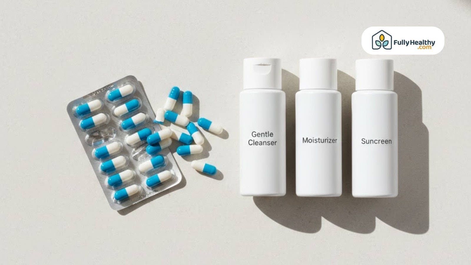Skincare bottles and capsules arranged on minimal white surface
