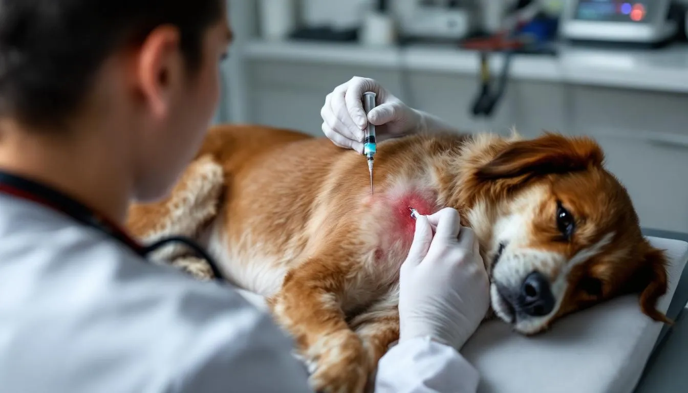 A veterinarian is performing a fine needle aspiration on a dog