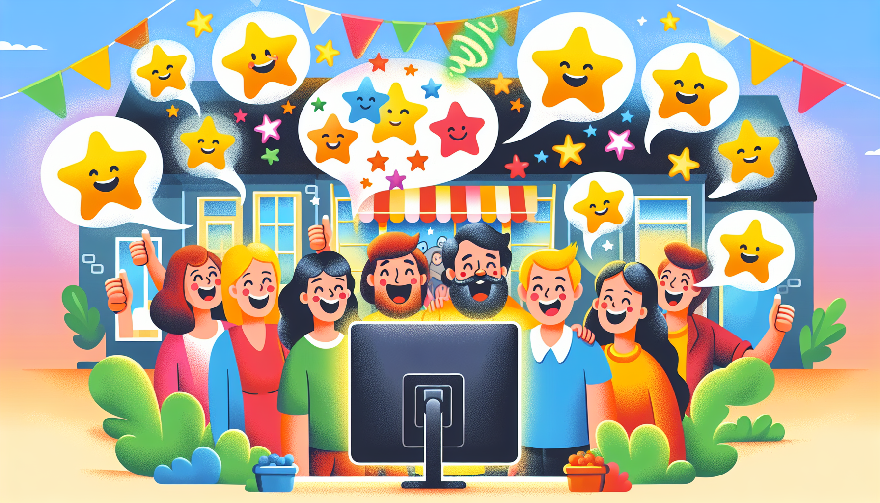 An illustration showing satisfied customers leaving positive reviews for local businesses, enhancing their online presence.