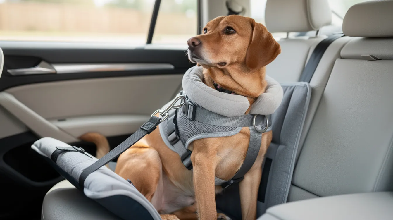 A small dog is comfortably secured in a premium dog car seat, wearing a padded harness with a tether clipped to the harness D-ring for added safety. The plush seat provides a cozy spot for the pet while travelling in vehicles, ensuring peace of mind for pet owners.