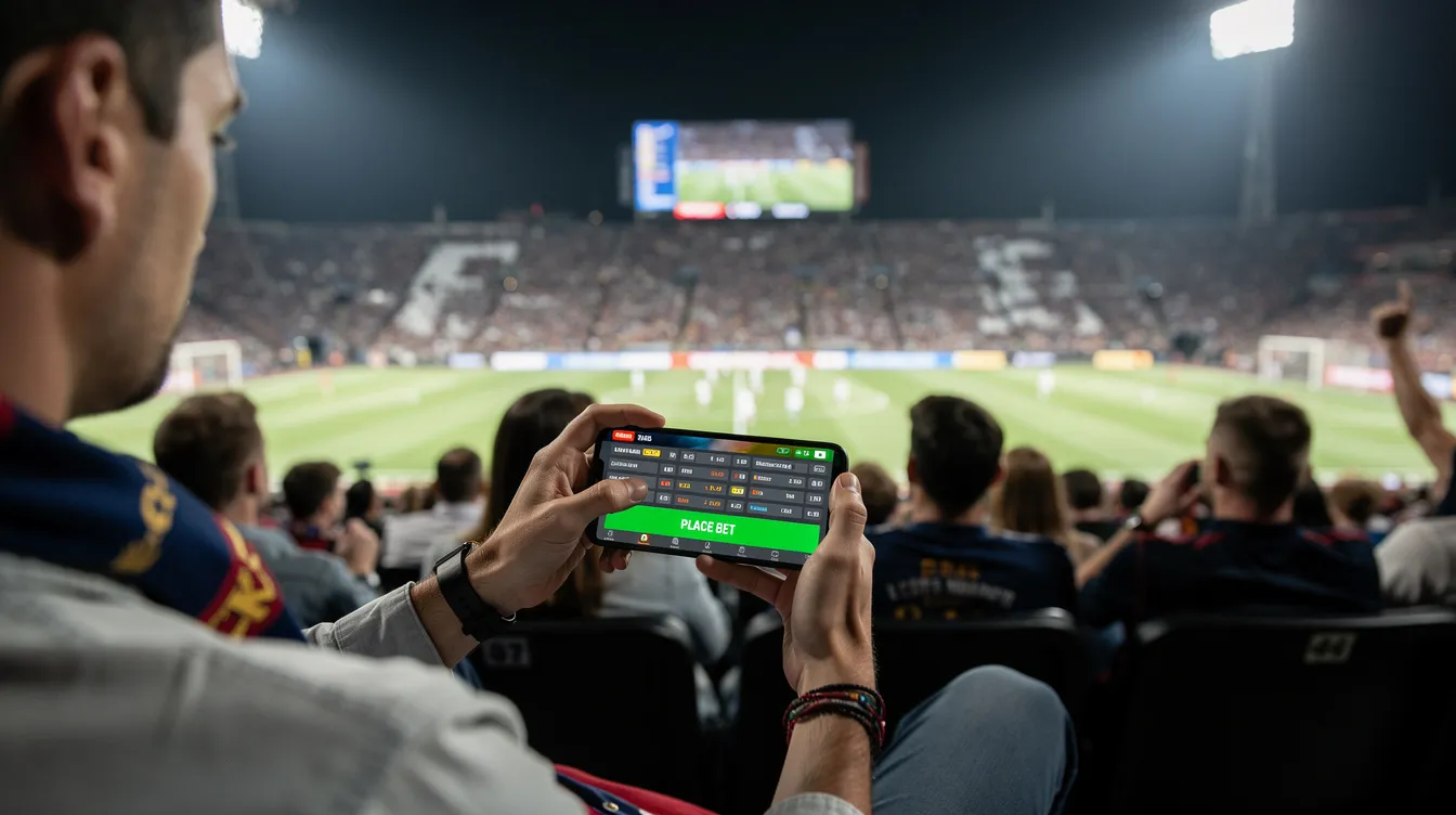 A person is sitting in a sports stadium, focused on their smartphone as they place a bet on a sports betting site. The scene captures the excitement of live sports and the convenience of online betting options available to South African punters.