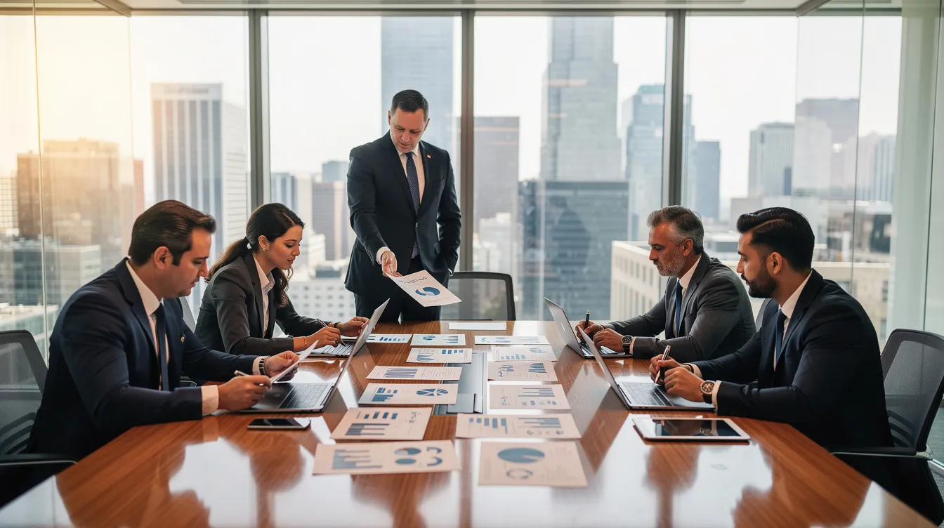A group of business professionals is gathered around a conference table, collaboratively reviewing documents related to the federal government's AI action plan, which aims to integrate AI technologies into various sectors, including national security and economic competitiveness. The atmosphere is focused and professional, highlighting the importance of AI innovation for American leadership and workforce development.