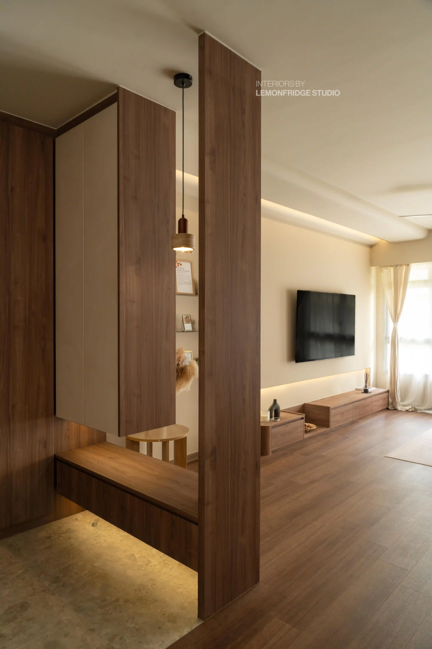 Custom joinery conceals smart home cabling, router nodes and sensors inside warm wood partitions