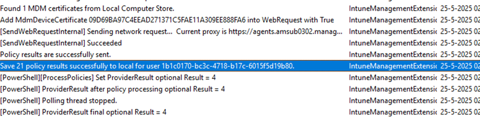 After removing the powershell scripts the Intune management Extension log now shows us thar the policy results are succesfully sent