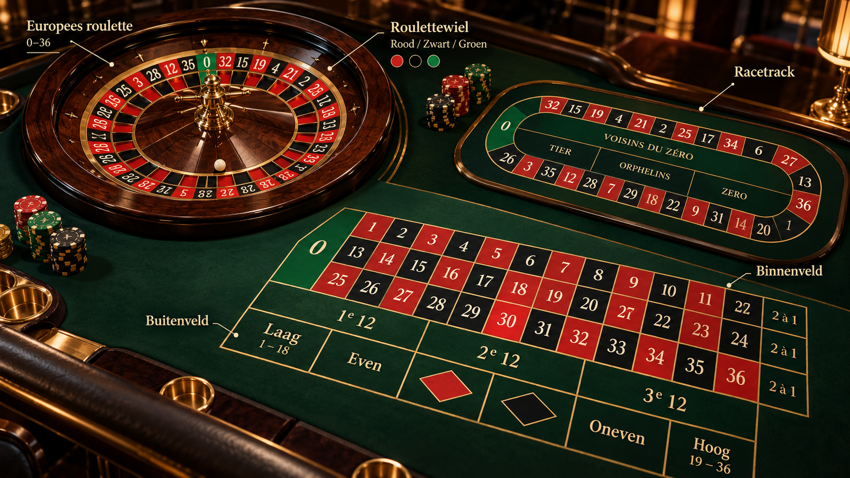 Roulettetafel met Europees roulettewiel, inzetveld, racetrack en uitleg van binnen- en buitenveld.