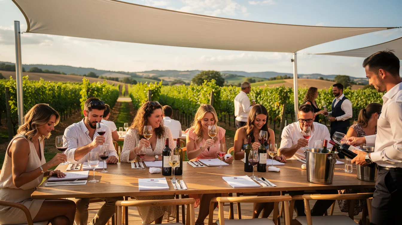 A lively outdoor wine tasting event takes place under shaded structures, with groups of people enjoying award-winning wines and savoring artisanal wine pairings. In the background, rows of lush vineyards stretch out under the warm sun, showcasing the beauty of the Sacramento wine country.