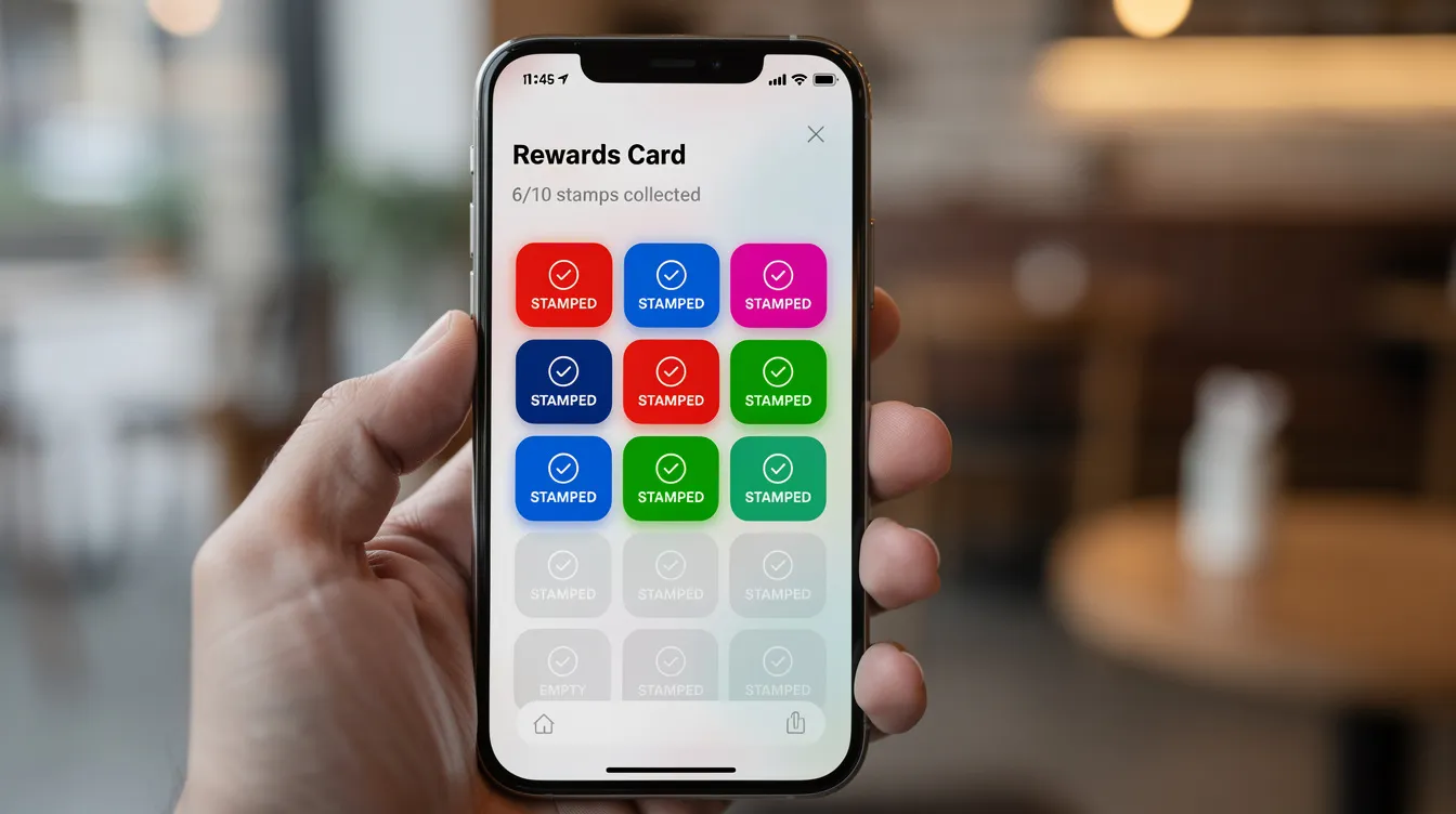 A close-up of a smartphone screen displays a vibrant digital stamp card filled with colorful stamps, symbolizing customer loyalty. This digital loyalty program allows customers to earn points and redeem rewards, enhancing their engagement and encouraging repeat purchases.