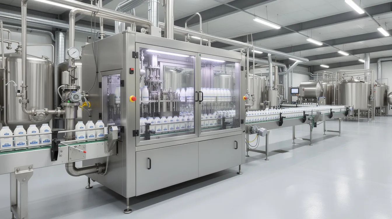 8f2ecf50 93a7 435e 8ad6 160191ebd206 The image depicts an industrial stainless steel filling machine in a dairy plant, where aseptic packaging solutions are employed for UHT milk. Conveyor lines transport carton packages through the system, highlighting the efficiency and automation of food processing technology in maintaining product quality and long shelf life.