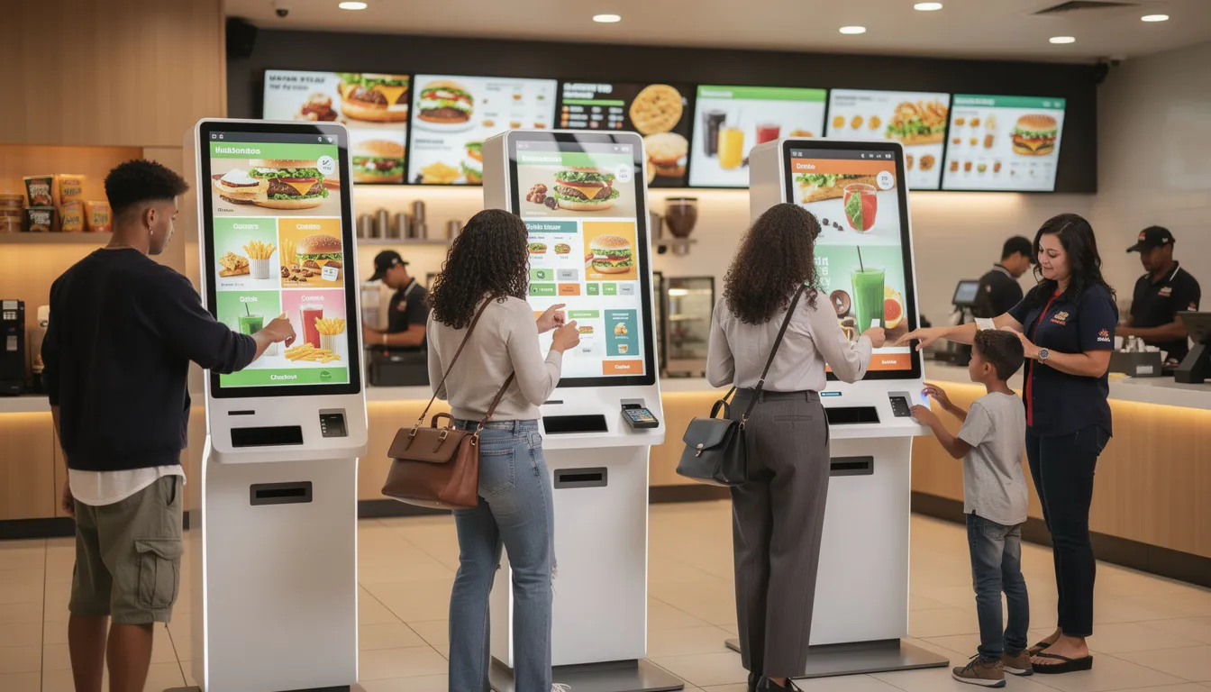 The image shows a modern fast food restaurant featuring self-service ordering kiosks, where customers are actively placing their orders. This setup exemplifies the counter service model commonly found in quick service restaurants, enhancing the speed of service and providing a convenient dining experience.