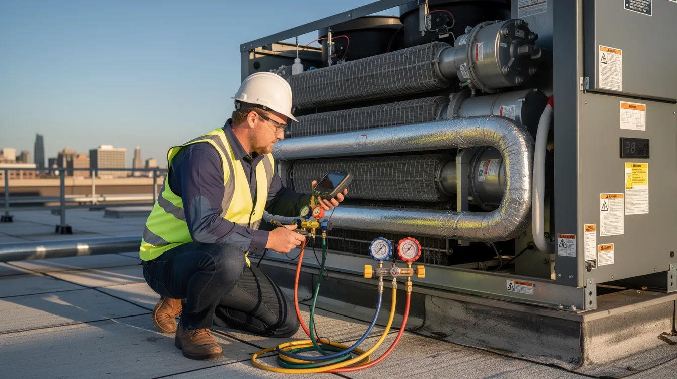 A technician is inspecting a commercial chiller unit, utilizing various diagnostic tools and gauges to assess its performance. This maintenance service is crucial for ensuring the efficiency and reliability of HVAC systems in industrial facilities, particularly in the humid climate of New Orleans.