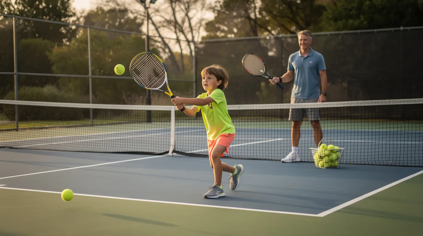 A young child is practicing tennis on a small outdoor court, holding a junior-sized racket while a coach observes nearby. The scene captures the enthusiasm of learning the sport, reminiscent of the dedication seen in major tournaments like the Australian Open, where champions like Novak Djokovic have honed their skills.