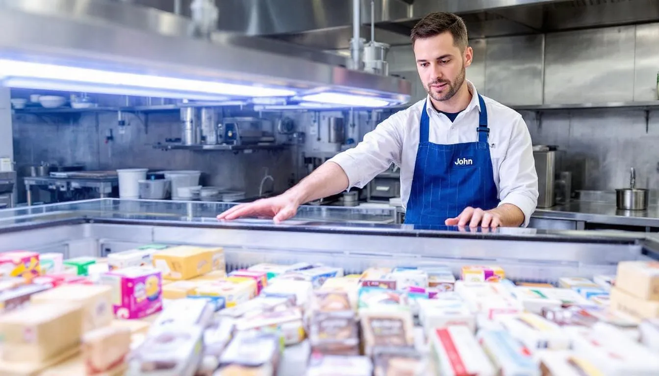 A person is reaching into a freezer case filled with a wide selection of ice cream bars, including low calorie options and various flavors like chocolate and fruit. The scene showcases the tempting variety of frozen treats available, perfect for anyone looking for delicious ice cream with less sugar.