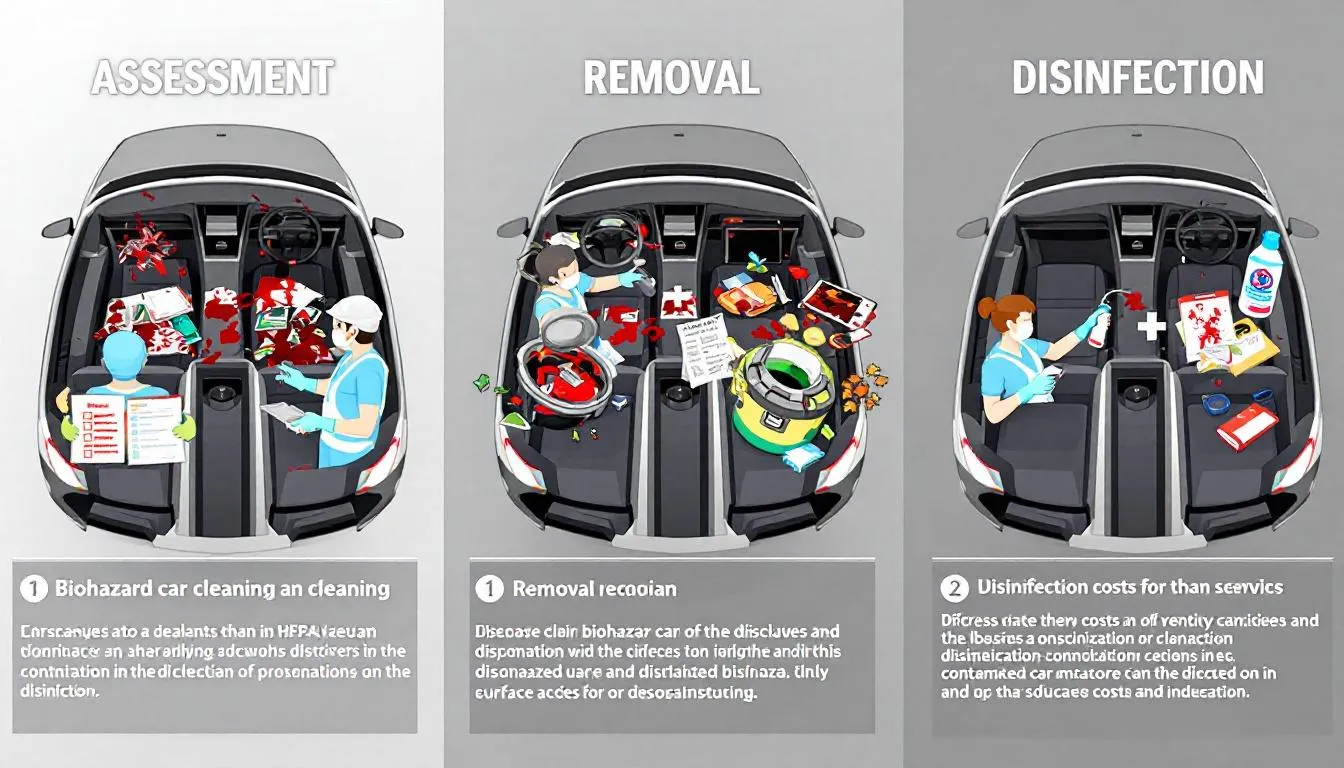 The biohazard car cleanup process, showcasing steps like assessment, removal, and disinfection.