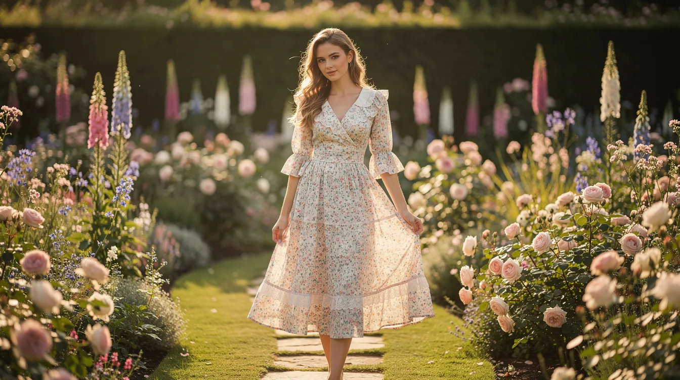 A woman stands in an English garden surrounded by vibrant summer flowers, wearing a floral tea dress that embodies effortless chic. She accessorizes her look with statement earrings and carries a crossbody bag, making it a perfect outfit option for summer holidays or alfresco dinners.