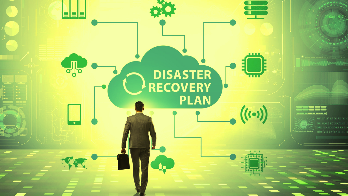 Disaster recovery plan concept with a businessman walking towards a digital cloud surrounded by interconnected technology icons.