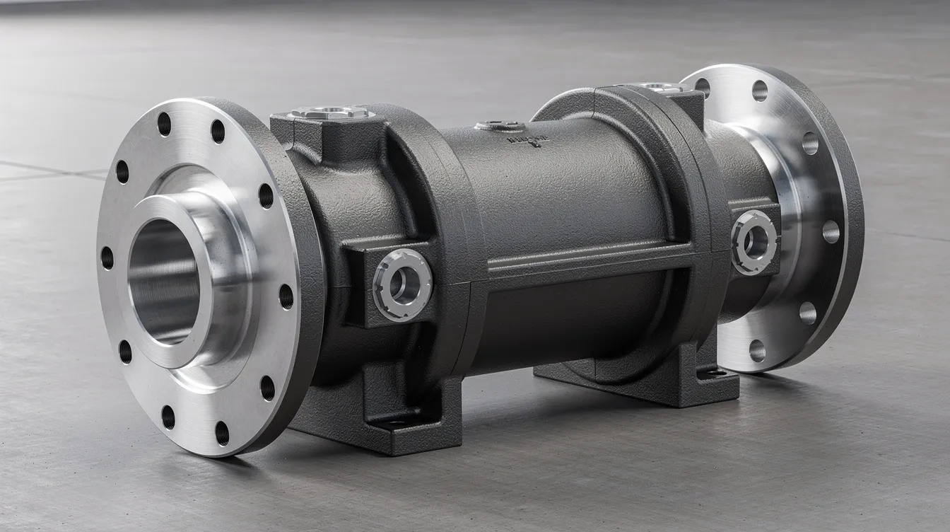 The image depicts a heavy industrial pump housing crafted from dark cast metal, showcasing machined flanges and bolt holes. This robust structure, likely made of ductile iron or gray cast iron, exemplifies the material's excellent wear resistance and tensile strength, making it suitable for demanding industrial applications.