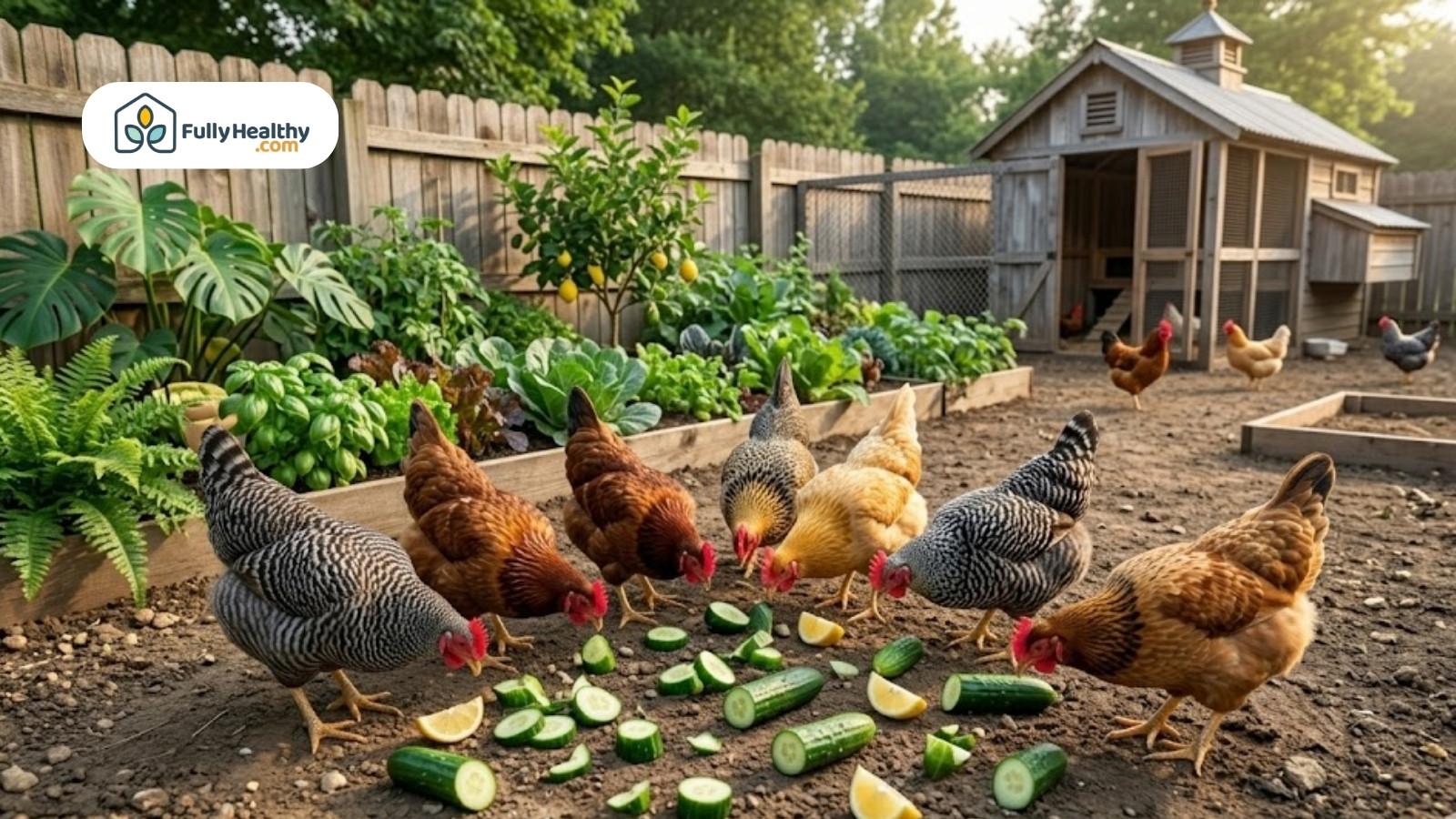 Backyard chickens pecking cucumbers scattered on garden soil