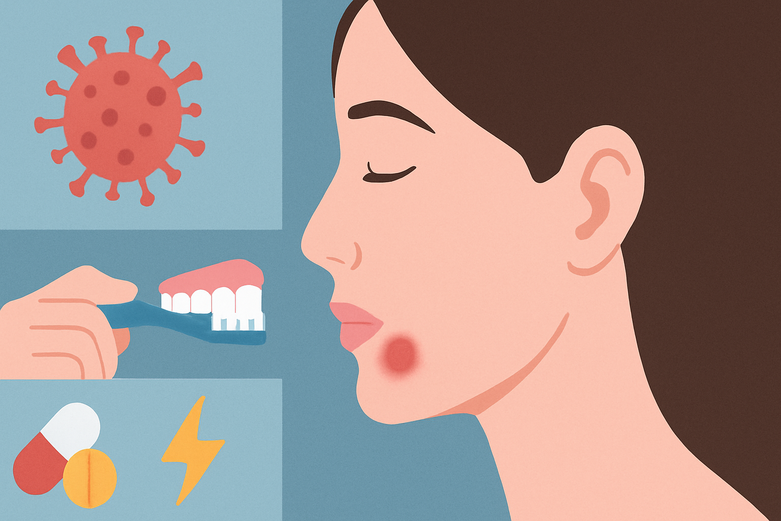 Ikoner for munnsår, medisiner og hygiene.