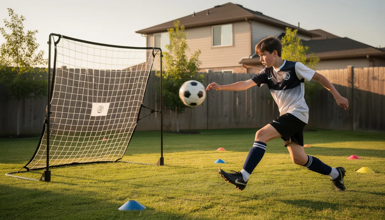 A soccer player is practicing in a backyard, using a soccer rebounder net to enhance their ball control and reaction speed. The player repeatedly passes the soccer ball against the net, allowing for quick play and skill development in a home training environment.