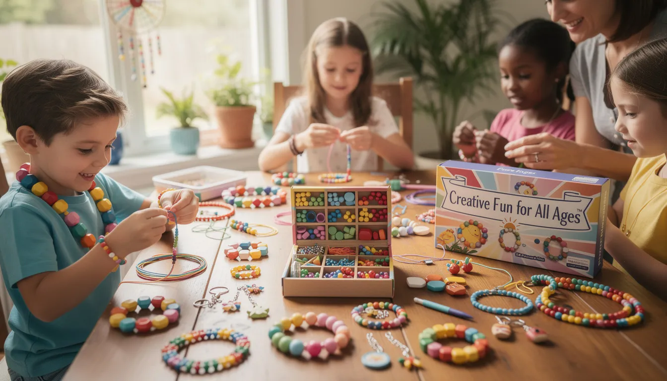 The image features a variety of colourful bead making kits designed for all ages, showcasing an assortment of chunky wooden beads, threading materials, and step-by-step instructions for creating unique jewellery items like bracelets and charms. Perfect for beginners and kids, these kits encourage creativity and dexterity in crafting.