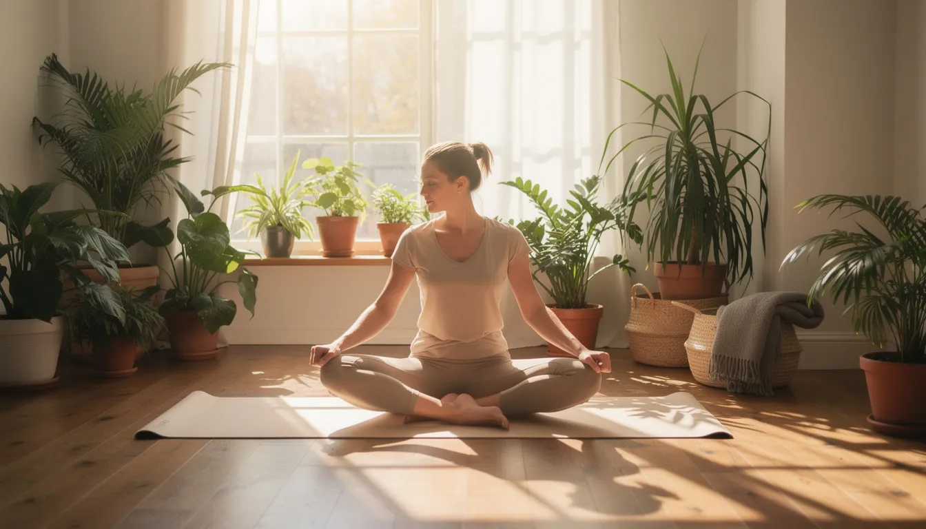 A person is practicing gentle yoga in a sunlit room filled with greenery, embodying a sense of calm and presence as they engage in their healing journey. This serene setting reflects a nurturing space for emotional regulation and recovery, allowing for the exploration of bodily sensations and the gradual exposure to past trauma.
