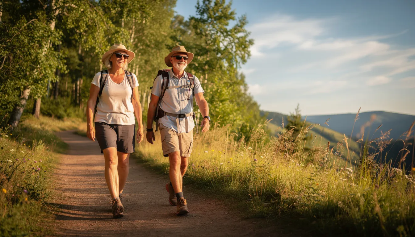 The image shows an active older couple hiking on a sunny trail, surrounded by lush greenery and nature. Their outdoor activity highlights the importance of regular exercise for metabolic health, which can be supported by taking NMN supplements for potential benefits in older adults.