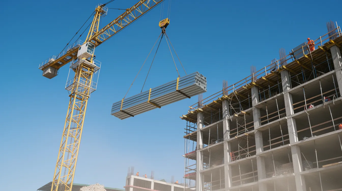 A construction crane is lifting steel beams into the air against a clear blue sky, with a partially completed concrete building structure visible in the background, showcasing the ongoing construction activities and management of the project. This scene highlights the critical phase of construction, where skilled workers and construction managers coordinate efforts to ensure project success.