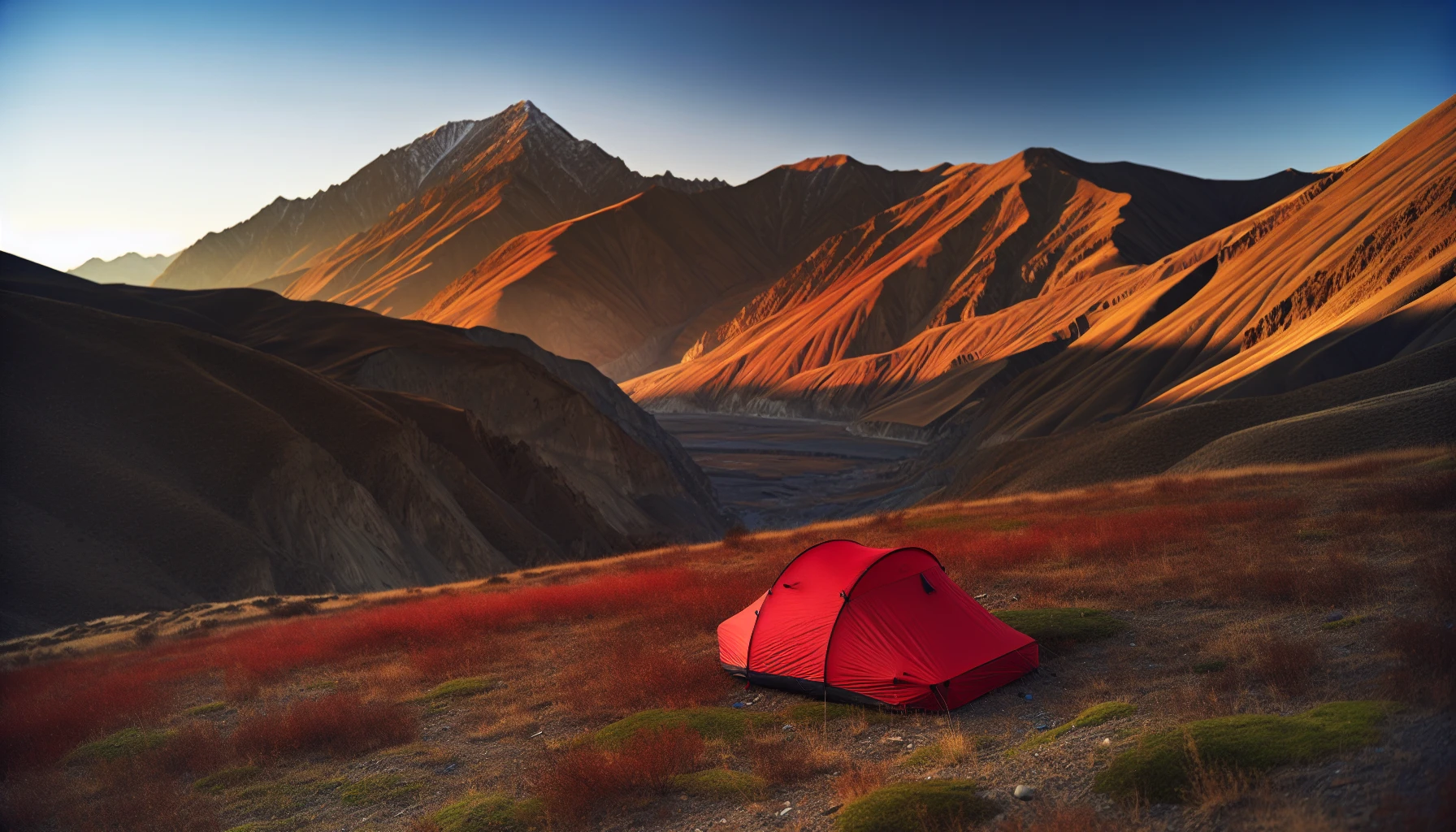 Backpacking tent pitched in a scenic mountainous area