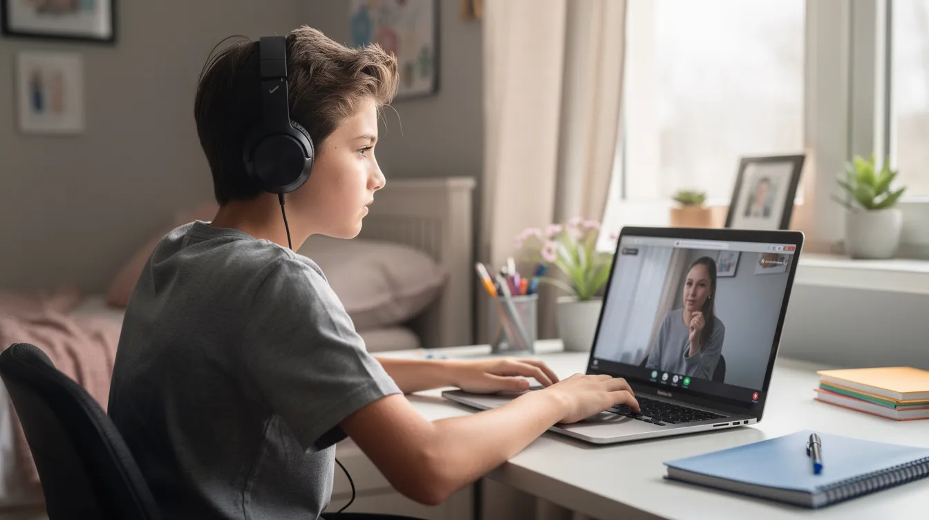 A teenager sits at a desk, calmly engaging in a virtual therapy session on their laptop, highlighting the importance of mental health and self-regulation amidst the challenges of screen addiction. The serene expression suggests a moment of reflection, contrasting with the often overwhelming effects of excessive screen time on social relationships and psychological well-being.