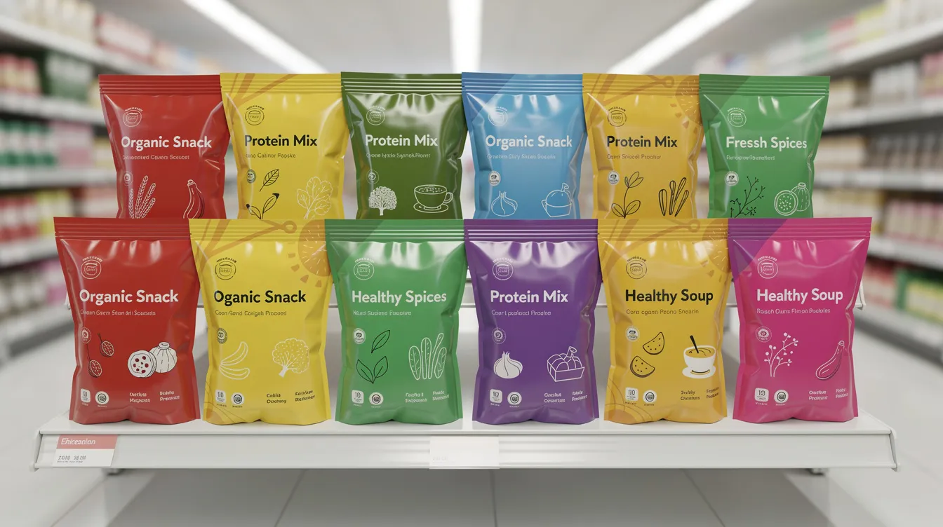 8f483186 8980 414f a8f0 aec5c5f81d67 The image showcases a vibrant display of various food product pouches and sachets on a retail shelf, including options for instant poha mix, which is a convenient and nutritious breakfast choice. The colorful packaging suggests a variety of recipes and preparation methods, highlighting the appeal of traditional Indian flavors and spices.