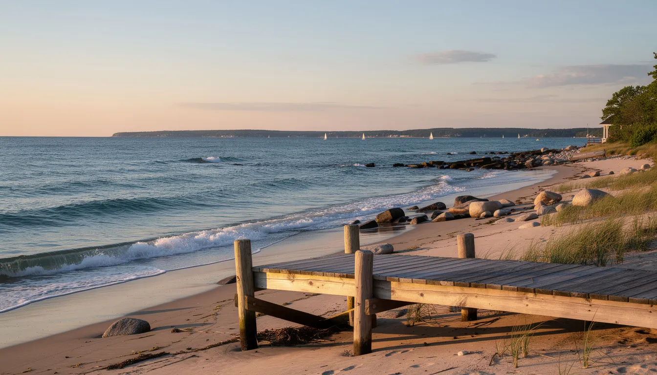 The image depicts a serene Connecticut shoreline beach with soft, sandy shores and gentle waves lapping at the coast. A wooden dock extends into Long Island Sound, offering stunning views of the water, perfect for relaxation and enjoying the coastal town atmosphere.