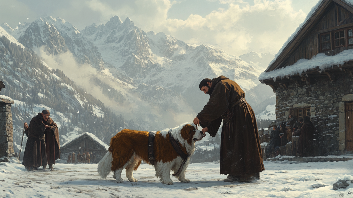 An AI generated image of a St. Bernard Dog at a hospice surrounded by tending monks