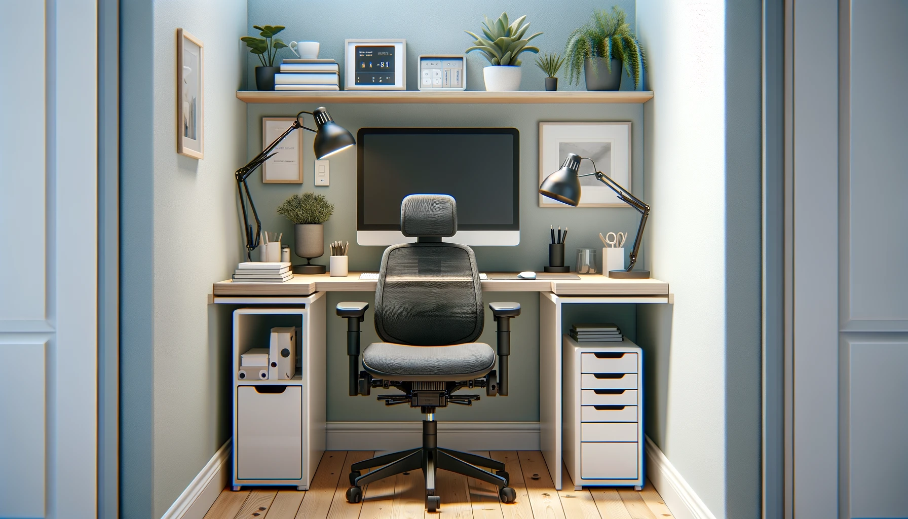 Office with wall-mounted furniture