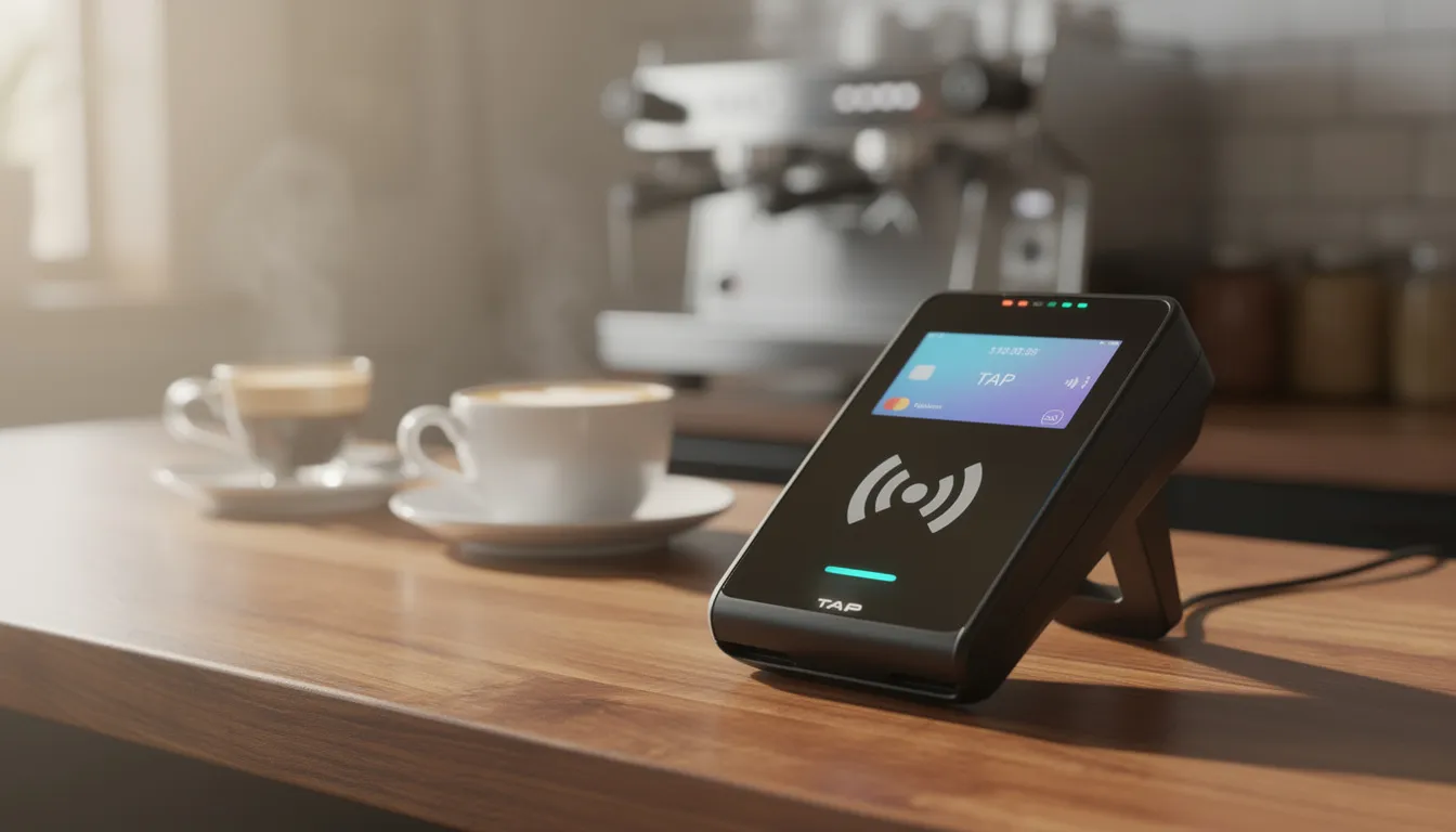 A modern contactless card payment terminal sits on a café counter, surrounded by coffee cups, illustrating the convenience of digital payments for customers. This setup highlights the trend of in-person payments and the growing preference for contactless transactions in global commerce.