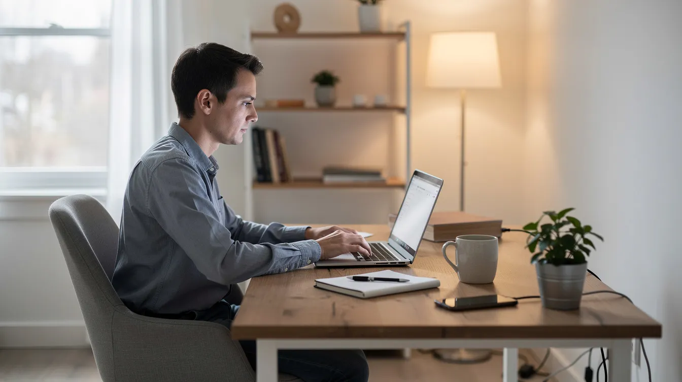 The image shows a person sitting at a home office desk, focused on their laptop computer, which likely aids in the estate planning process by allowing them to prepare legal documents and communicate with estate attorneys. This scene reflects the modern approach to managing important financial and legal affairs from the comfort of home.