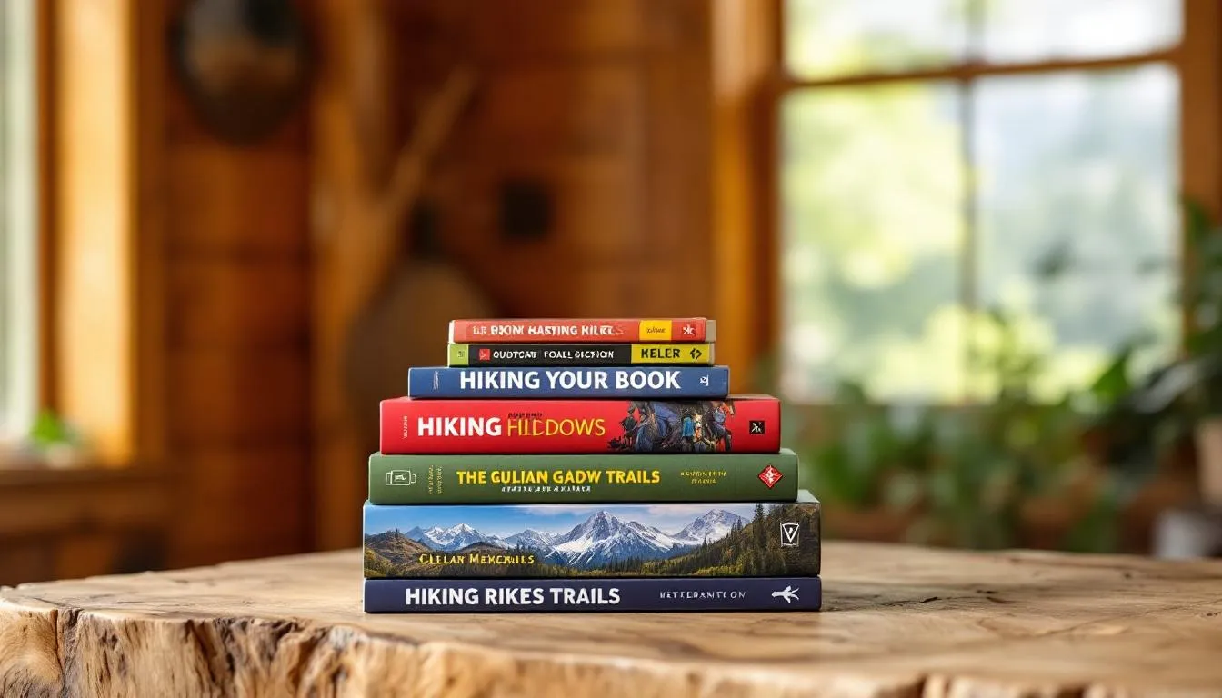 In the image, a collection of hiking books is displayed, featuring titles that explore the adventures of the Pacific Crest Trail and Appalachian Trail journeys. The books offer stories of physical endurance and the human spirit, highlighting the beauty of the natural world and the cherished beliefs of outdoor enthusiasts.