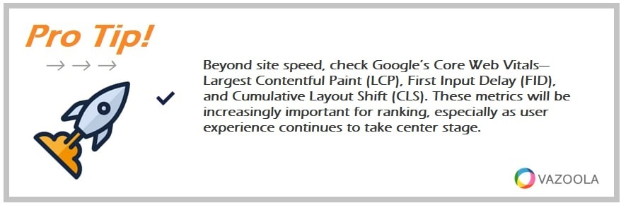 Beyond site speed, check Google’s Core Web Vitals—Largest Contentful Paint (LCP), First Input Delay (FID), and Cumulative Layout Shift (CLS). These metrics will be increasingly important for ranking, especially as user experience continues to take center stage.