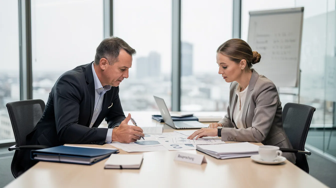 Zwei Personen sitzen an einem Besprechungstisch in einem Büro und diskutieren Dokumente, die Informationen über Mehrwertsteuersätze und Rechnungen enthalten. Auf dem Tisch liegen verschiedene Unterlagen, die für die Berechnung von Nettobeträgen und Bruttobeträgen relevant sind.