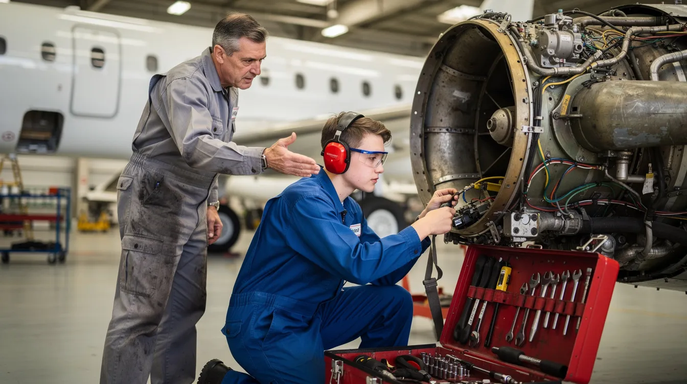 An apprentice is using various tools while working beside an aircraft engine under the supervision of a qualified technician. This hands-on experience is part of an aviation maintenance technician apprenticeship program, where they learn essential skills for a career in aircraft maintenance.