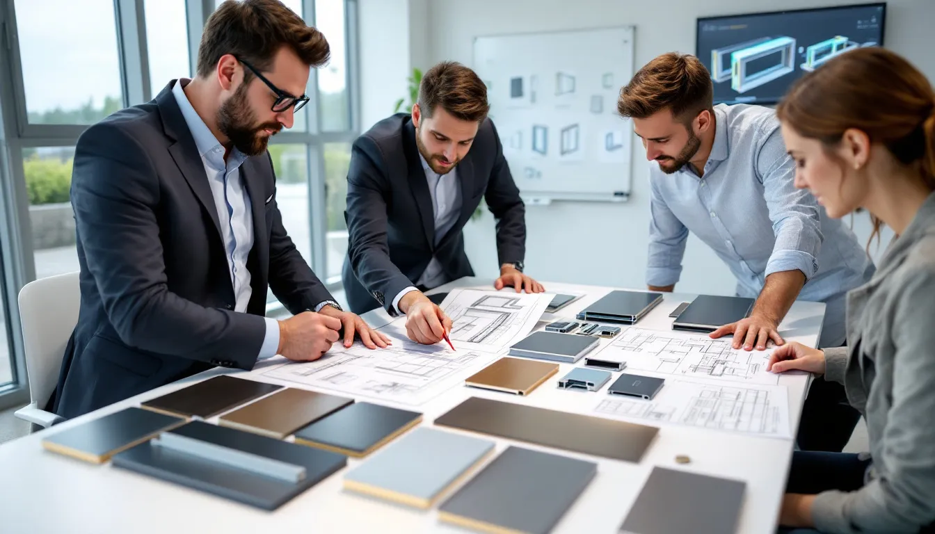 In de afbeelding zien we een professionele consultatiescene met verschillende aluminium kozijnen en technische tekeningen op een tafel. De samples tonen de moderne uitstraling van nieuwe aluminium kozijnen, waaronder tweedelige aluminium schuifpuien, die uitstekende isolatie en een lange levensduur bieden.