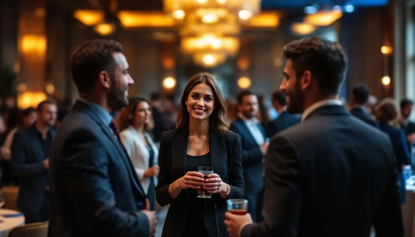 The image depicts a professional networking event where individuals in business attire engage in lively conversations, focusing on career advancement and building relationships. Attendees are likely discussing job opportunities, transferable skills, and strategies for navigating the job market.
