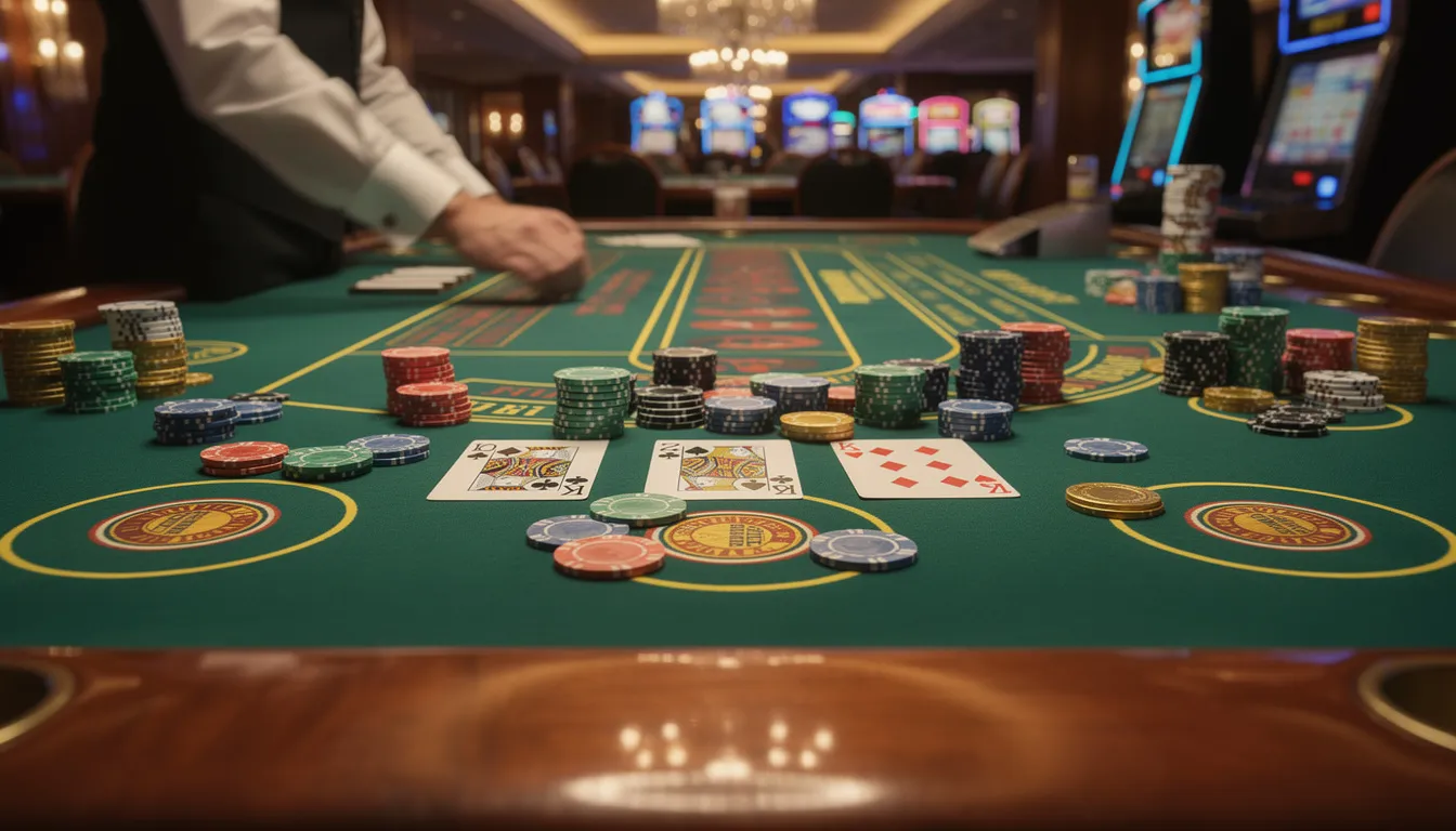 The image shows a vibrant casino gaming table adorned with an array of colorful chips and playing cards, inviting players to engage in thrilling games. The setting reflects the excitement of a casino atmosphere, perfect for those looking to enjoy gaming on a browser or through their phone.