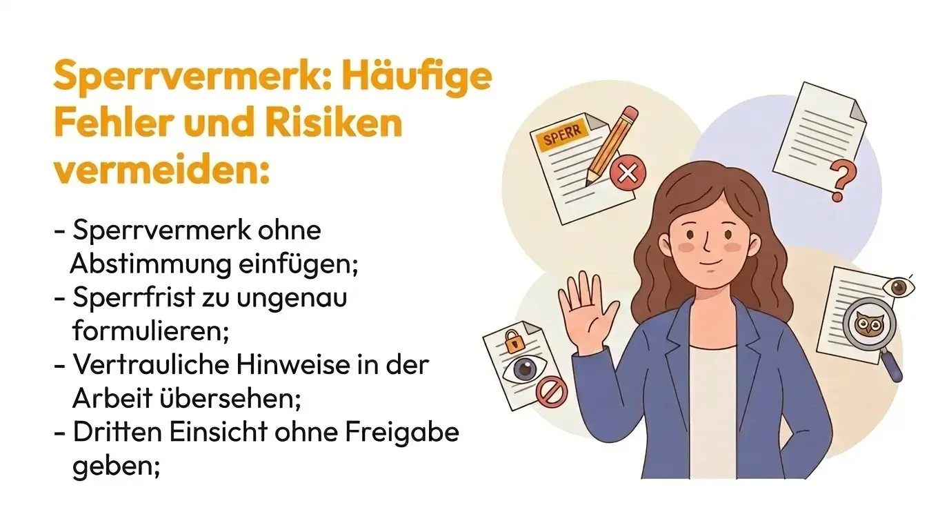 Vier häufige Fehler beim Sperrvermerk: Sperrvermerk ohne Abstimmung einfügen, Sperrfrist zu ungenau formulieren, vertrauliche Hinweise in der Arbeit übersehen, Dritten Einsicht ohne Freigabe geben