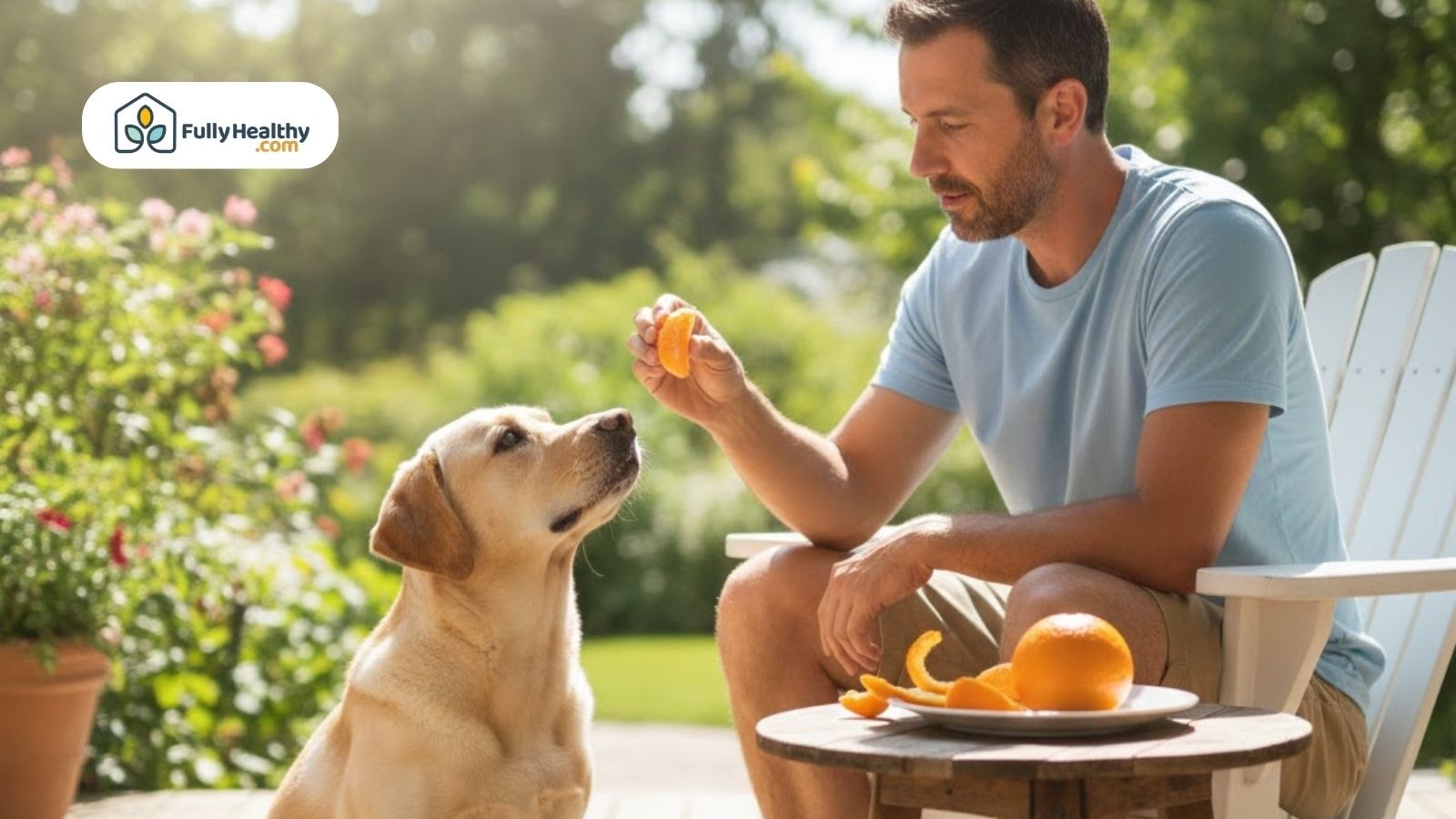 Beagle looking at plate of orange slices and orange juice