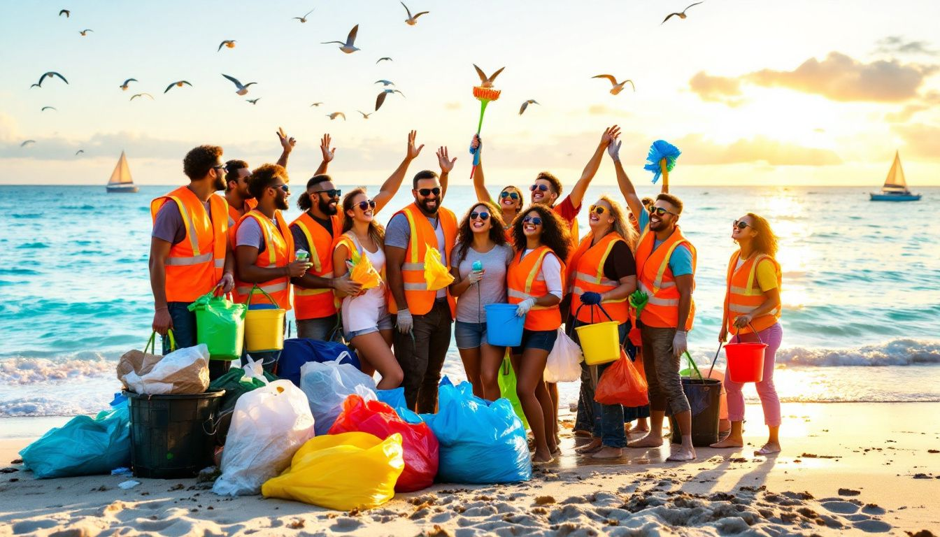 Volunteers engaged in a monthly beach cleanup event.